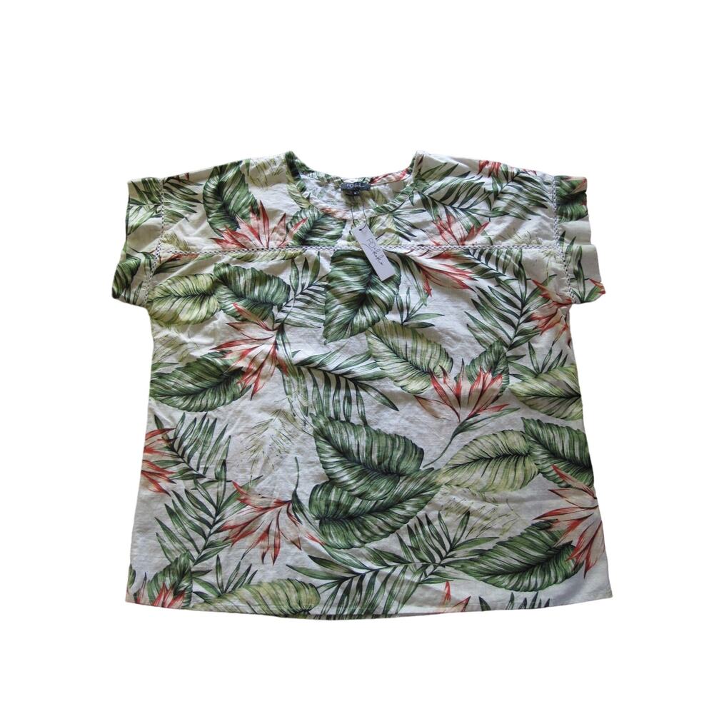NEW RD & KoKo Linen Shirt Tunic 2X Tropical‎ Leaves Print Blouse Short Sleeve